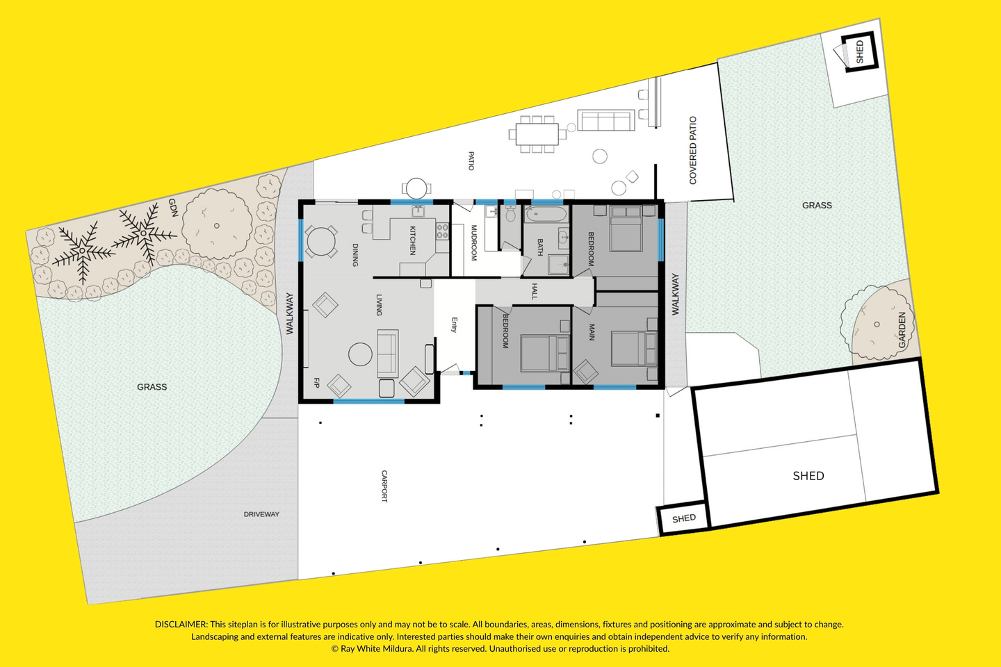 Floor and site plan of 14 McLaren Court, showing living, dining, kitchen, bedrooms, bathroom, patio, carport, shedding and garden