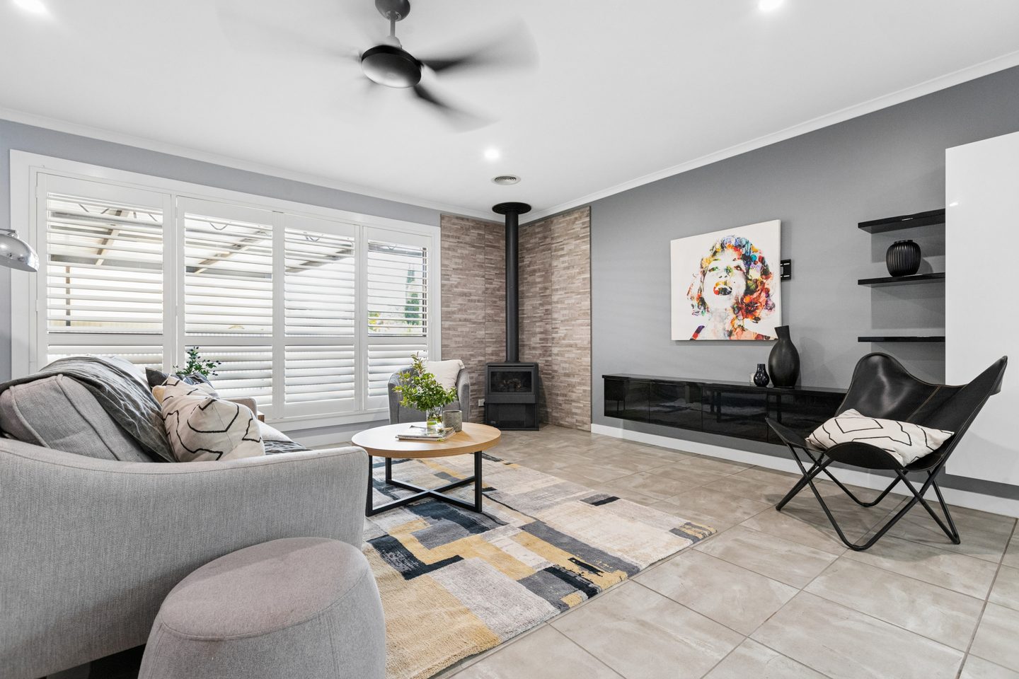 The living room and wood heater