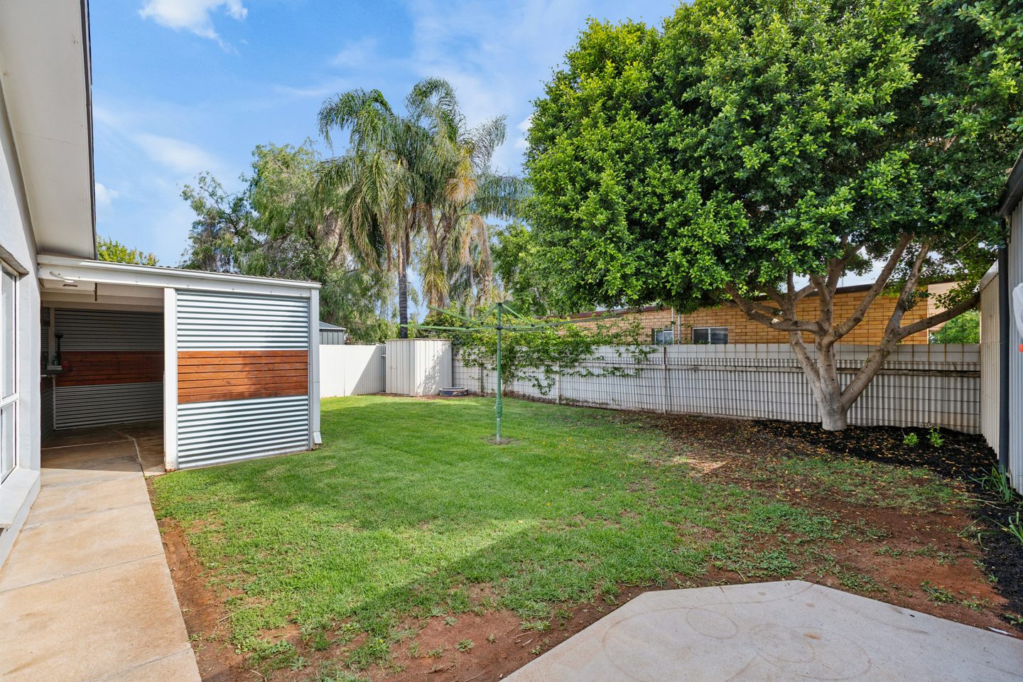 Backyard lawn, established tree and the end of the covered outdoor area
